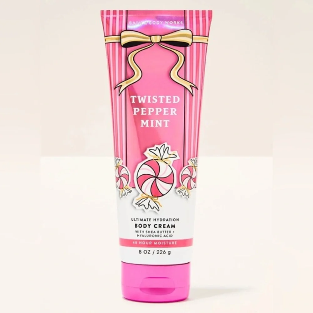 Bath & Body Works Twisted Peppermint Body Cream - Pink and White - 8 oz ( New )
